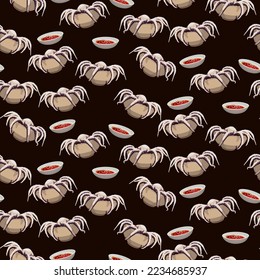 Octopus pattern in a plate and sauces on a dark background. Asian cuisine with seafood. Suitable for printing on textiles and paper for kitchen illustrations. Kitchen illustration