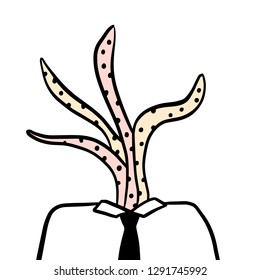 Octopus pink head of businessman boss or manager hand drawn illustration