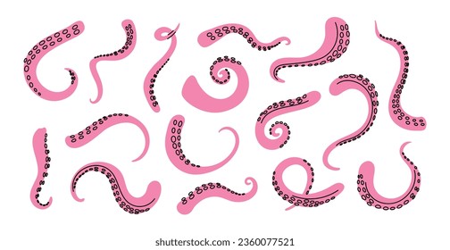 Octopus pink tentacles. Cute mollusk twisted long limbs. Cartoon underwater creature palpuses. Cephalopod animals curl arms. Undersea predator. Seafood from marine squid