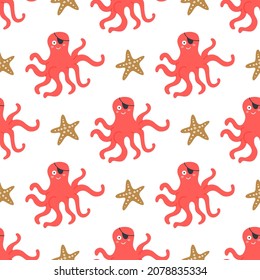 Octopus with pirate armband and starfish, vector seamless pattern in flat cartoon style