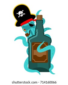 Octopus pirate and bottle of rum. poulpe buccaneer and brandy. Eye patch and smoking pipe. pirates cap. Bones and Skull. See animal filibuster and binge. Vector illustration