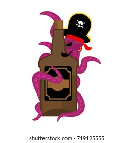 Octopus pirate and bottle of rum. poulpe buccaneer and brandy. Eye patch and smoking pipe. pirates cap. Bones and Skull. See animal filibuster and binge. Vector illustration
