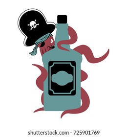 Octopus pirate and bottle of rum. poulpe buccaneer and brandy. Eye patch and smoking pipe. pirates cap. Bones and Skull. See animal filibuster and binge
