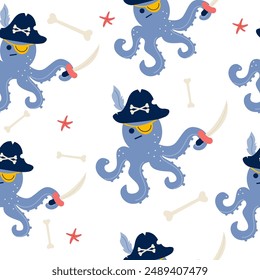 Octopus pirate character seamless pattern in flat design
