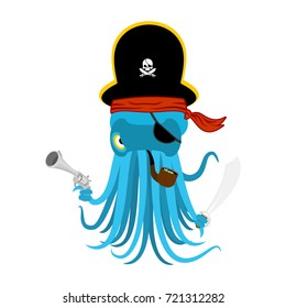 Octopus pirate. devilfish in pirate hat. Saber and gun. Vector illustration
