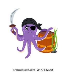 Octopus pirate in flat style on a white background. Sea creatures. Cartoon octopus with a saber in a pirate bandana.