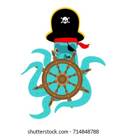 Octopus pirate and Handwheel. poulpe buccaneer and Rudder. Eye patch and smoking pipe. pirates cap. Bones and See animal filibuster. Vector Illustration
