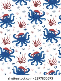 Octopus Pirate and seaweed. Marine life seamless pattern. Sea anima Vector. Sea inhabitants. Cartoon style, hand drawn childish illustration for marine concept design. Wallpaper, background, cover.