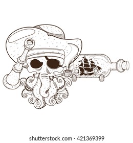 Octopus Pirate and ship in a bottle. Graphics Pirate theme.