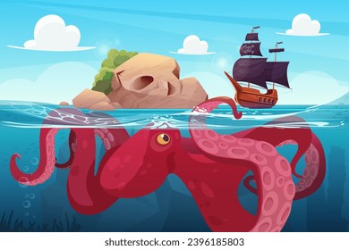 Octopus and pirate ship sailing to tropical island vector illustration. Cartoon ocean or sea landscape with giant kraken diving to corsair boat, marine adventure of wooden caravel and legend creature