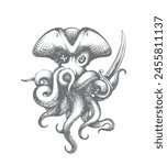 Octopus pirate sketch. Hand drawn octopus nautical captain in hat with sabre engraving, marine kraken corsair etching graphics isolated vector illustration