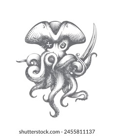 Octopus pirate sketch. Hand drawn octopus nautical captain in hat with sabre engraving, marine kraken corsair etching graphics isolated vector illustration