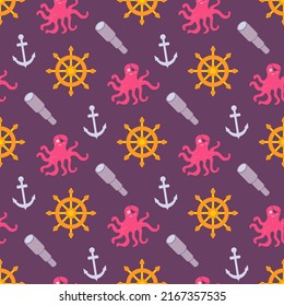 Octopus pirate with telescope, anchor and steering wheel of the ship on dark background, vector seamless pattern.