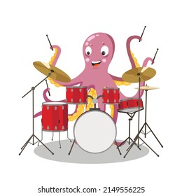 
Octopus playing drums. Cute character in cartoon style.