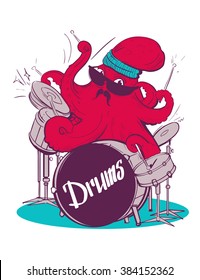 Octopus playing the drums. Vector illustration