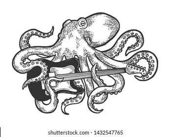 Octopus playing electric guitar sketch engraving vector illustration. Scratch board style imitation. Black and white hand drawn image.