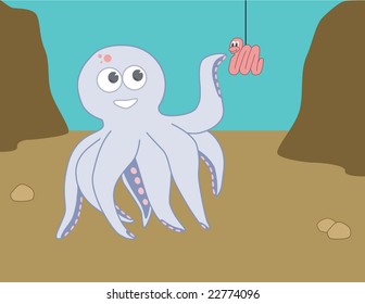 Octopus playing with worm on a fishing line.