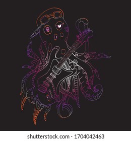 Octopus plays the guitar. With a cap and sunglasses. Variety, decorated tentacles. Sea monster under water. Freehand sketch. Bright, cartoon illustration.