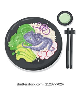 Octopus poke bowl illustration Hawaiian cuisine. Vector stock illustration isolated on white background for menu fast food restaurant with healthy, bio, organic meals. EPS10