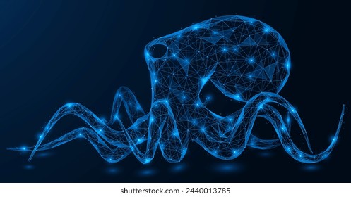 Octopus. Polygonal design of interconnected lines and dots. Blue background.