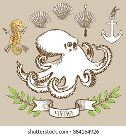 Octopus poster with shell, anchor and seahorse in vintage style, vector