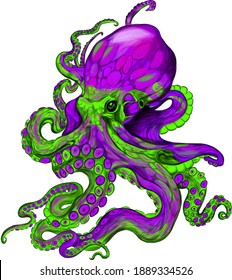 octopus purple, green sea reptile vector illustration