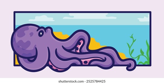 Octopus purple with playful and Relaxing in the ocean cute cartoon vector illustration