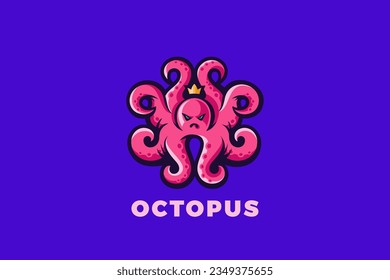 Octopus Queen Logo Funny Angry Kraken Seafood Restaurant Zoo Vector Design Concept.