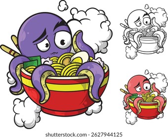 Octopus and a ramen cartoon full vector illustration, eps 10, editable, suitable for apparel and product design such as t-shirts, stickers etc.