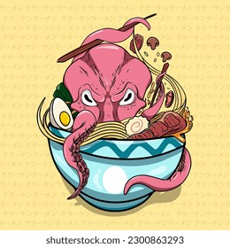 Octopus Ramen with a Unique Traditional Japanese Design, Fresh and New Illustration.Designs Concept for T-shirts,Tatto,Logo Brand,Banner, Stickers, or Posters.
