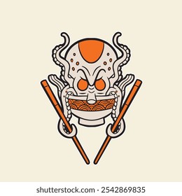 Octopus Ramen with a Unique Traditional Japanese Design, Fresh and New Illustration.Designs Concept for T-shirts,Tatto,Logo Brand,Banner, Stickers