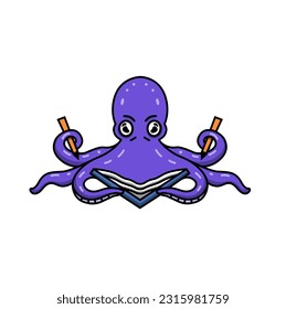 Octopus reading a book and holding a pencils. Vector illustration 