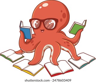Octopus reading books vector illustration