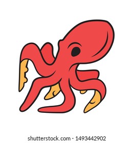 Octopus red color icon. Swimming underwater animal with eight tentacles. Seafood restaurant menu. Floating marine creature. Aquatic invertebrate mollusk. Isolated vector illustration