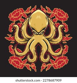 Octopus and Red Flower Illustration. Vector illustrations for your work logo, merchandise t-shirt, stickers and label designs, poster,