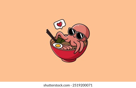octopus relaxing in a bowl of ramen noodles while wearing sunglasses and expressing love with a heart bubble
