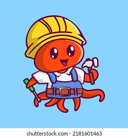 Octopus repairman mechanic cartoon character. animal mascot isolated.