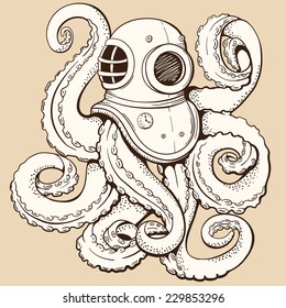 Octopus in retro deep diving suit. Vector illustration