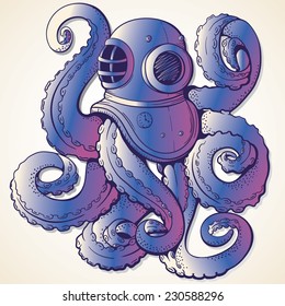 Octopus in retro deep diving suit. Vector illustration