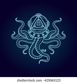 Octopus In Retro Deep Diving Suit. Eye Of Providence. It Can Be Used In Printing Design. Vector Line Style Illustration