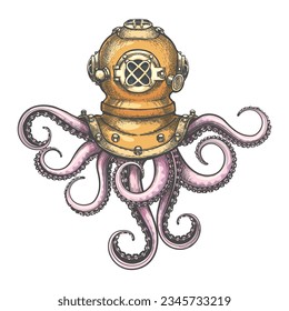 Octopus im Retro-Tauchhelm farbige Gravitation Tattoo einzeln auf weiß. Vektorgrafik.