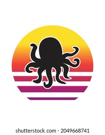 Octopus Retro Sunset Design template. Vector design template for logo, badges, t-shirt, POD and book cover. Isolated white background.