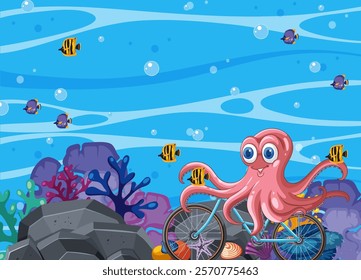 Octopus rides a bike among colorful sea life