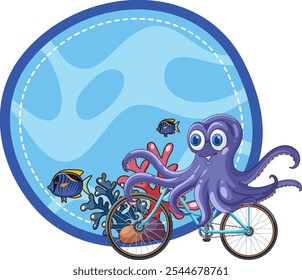 Octopus rides a bike with colorful fish nearby