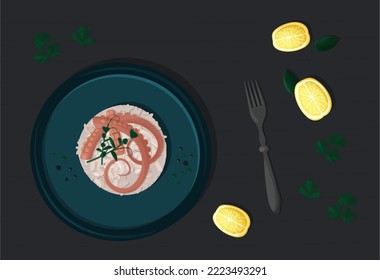 Octopus risotto on a flat blue plate with lemon in a restaurant on the black table