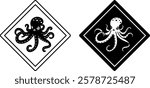 Octopus Road Signs. Black and White Vector Icons. Marine Animal Warning Road Sign. Zoo Sticker