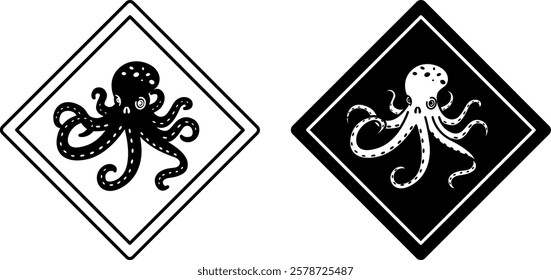 Octopus Road Signs. Black and White Vector Icons. Marine Animal Warning Road Sign. Zoo Sticker