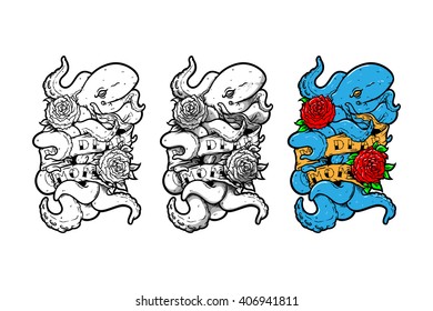Octopus with roses and text. Set of tattoo or print illustration. Colors and black. Vector design