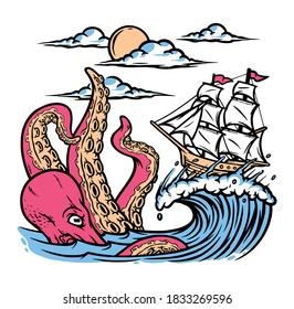 Octopus and sailing ship illustration