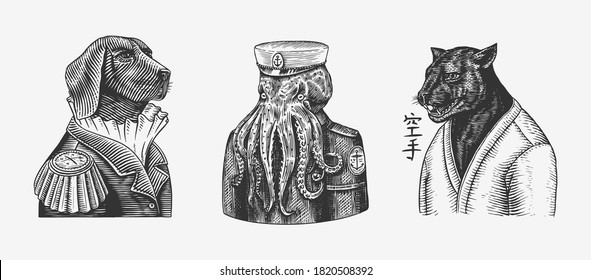 Octopus sailor and Dog officered Black panther and Bee biker. Japanese text means: karate. Fashion animal character. Hand drawn sketch. Vector engraved illustration for T-shirts or tattoo.